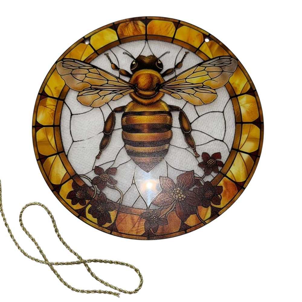 Bee Floral Sun Catcher Stained Glass Style Window Hanging Decoration New 7.75”